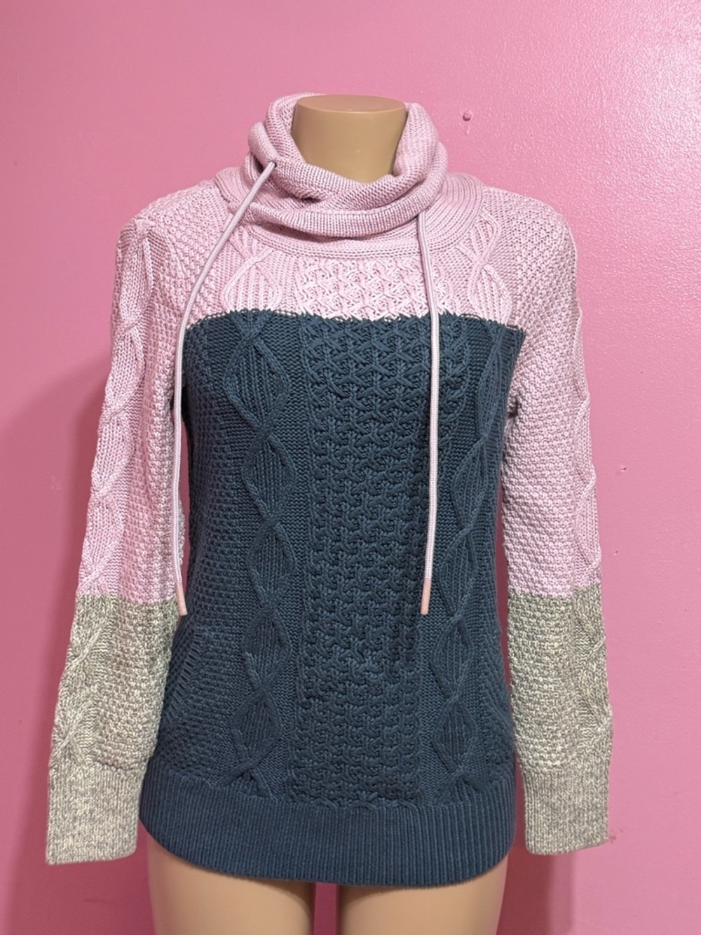 LL Bean Signature Sweater Cable Knit Cowl Neck Cotton Small S Colorblock Women's